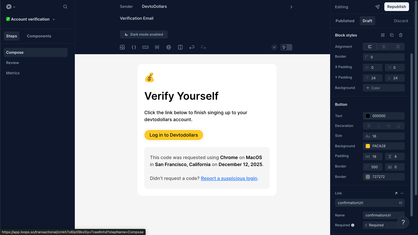 Loops email template confirmation URL