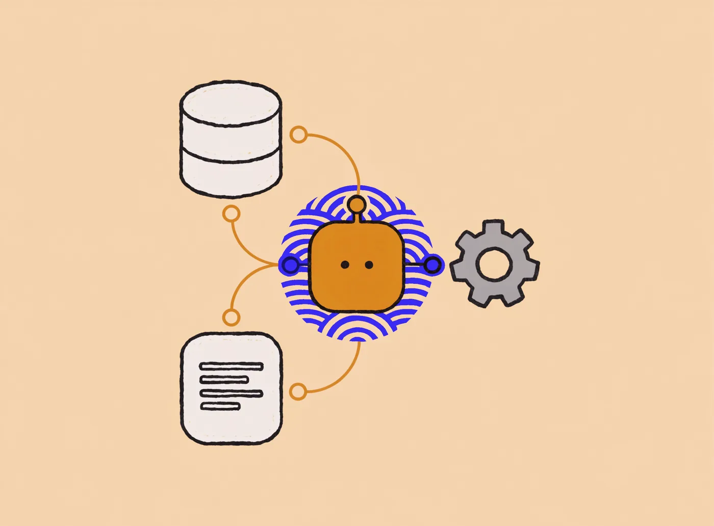 An AI agent shown as a robot hub wired to a database, a document, and a gear, reaching your data and acting across your tools