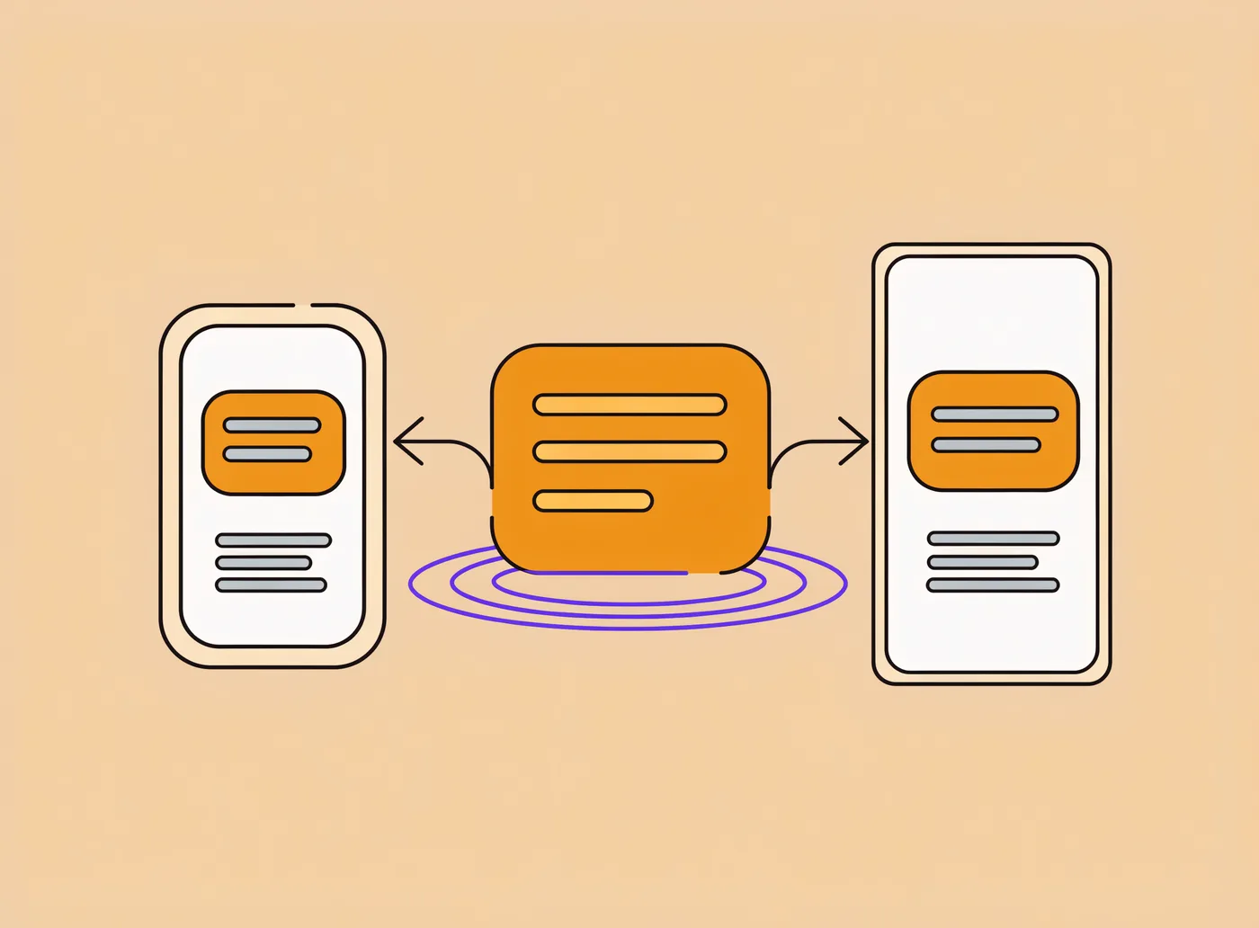 One shared code card sending arrows out to two differently shaped phones running the same app, a single codebase shipping to iOS and Android