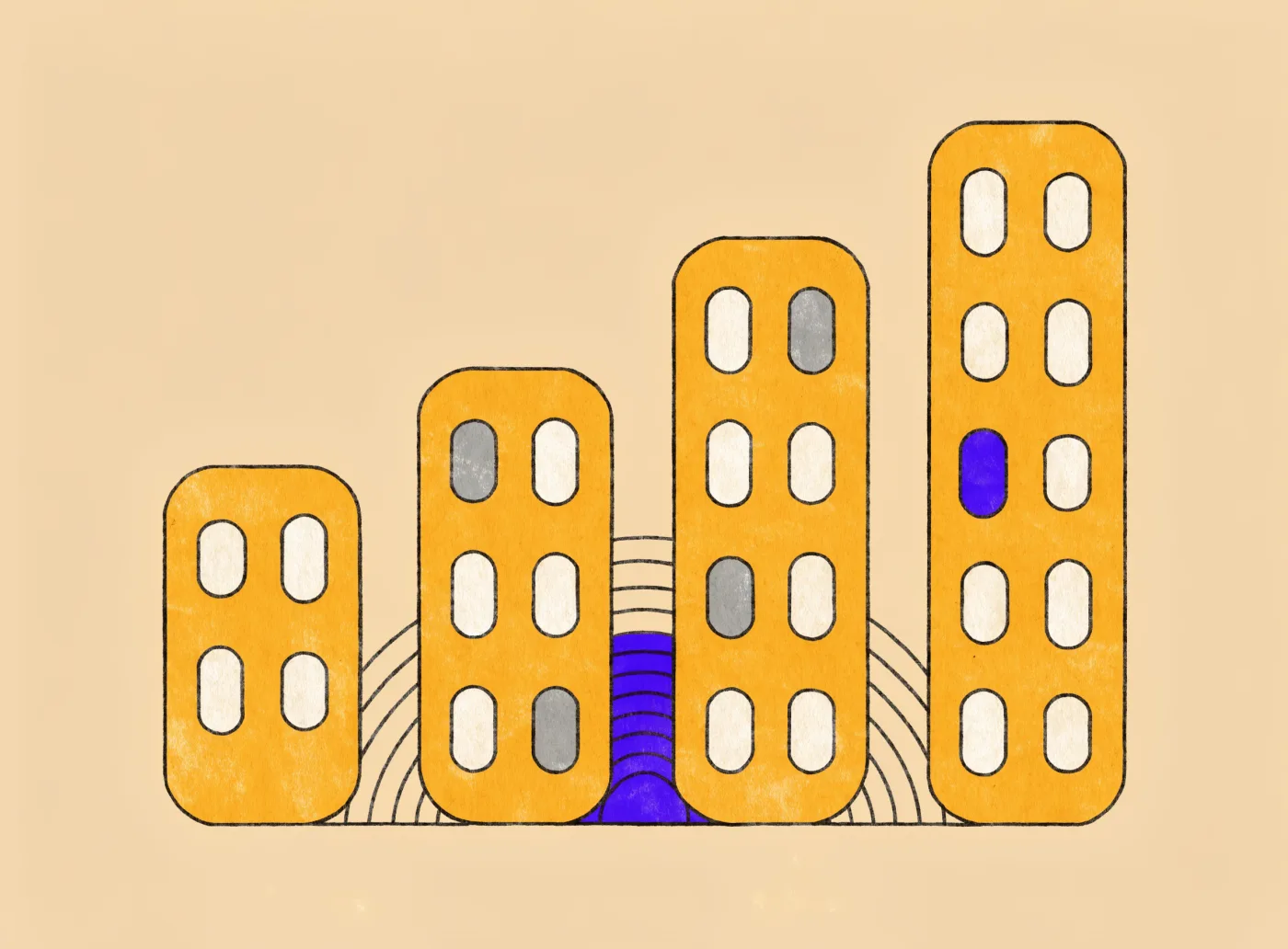 A skyline of rounded towers rising from small to tall, the range of companies we build for, from startups to enterprise