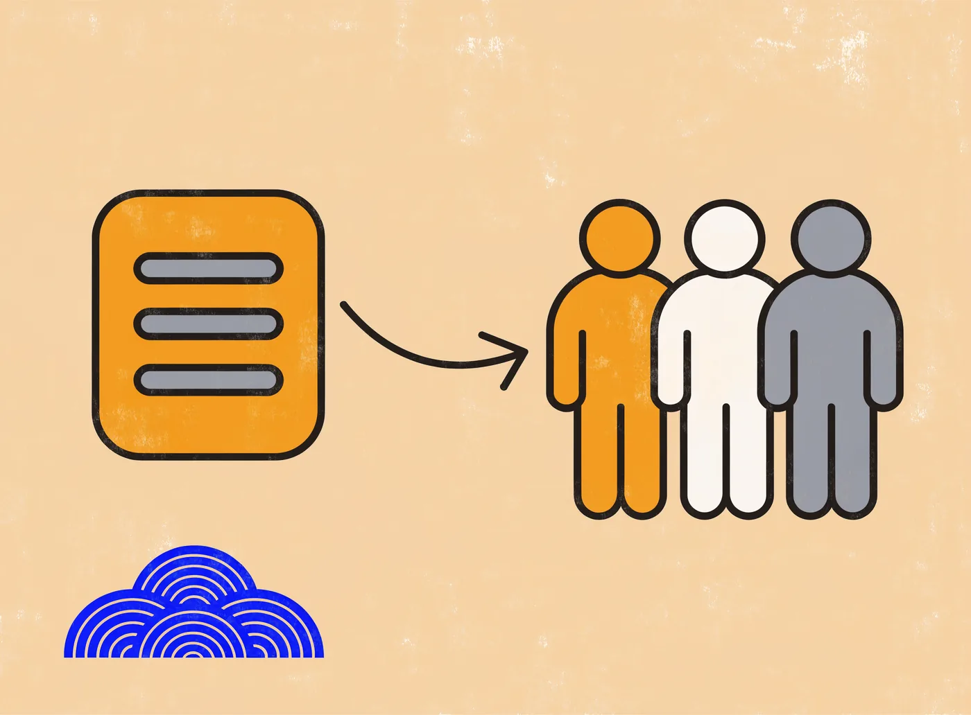 A roadmap card leading by one arrow to an assembled team of three, the scope you bring turned into the people who deliver it
