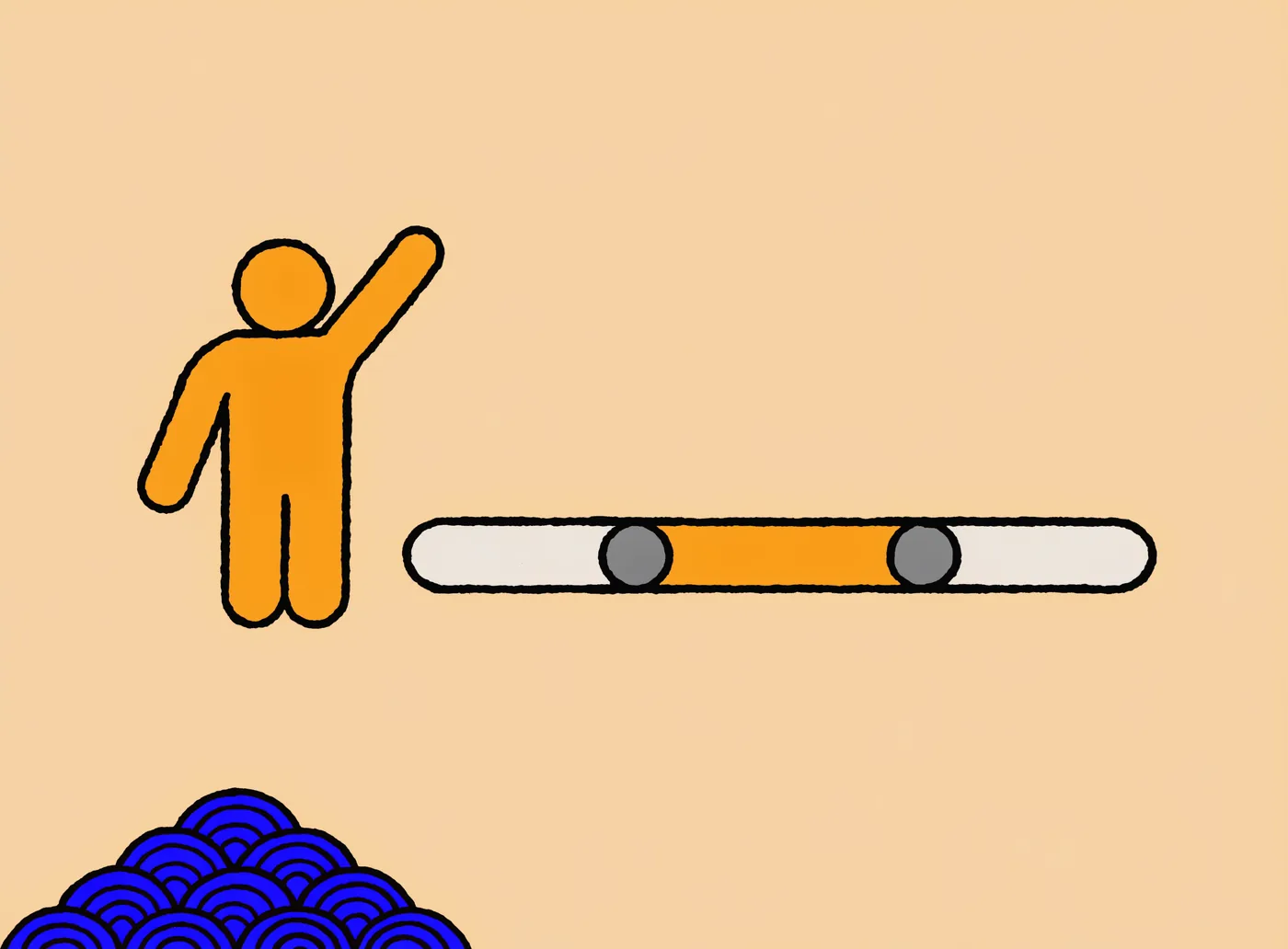 A developer beside a track with a highlighted span between two markers, the range a project lands inside once seniority and complexity are known