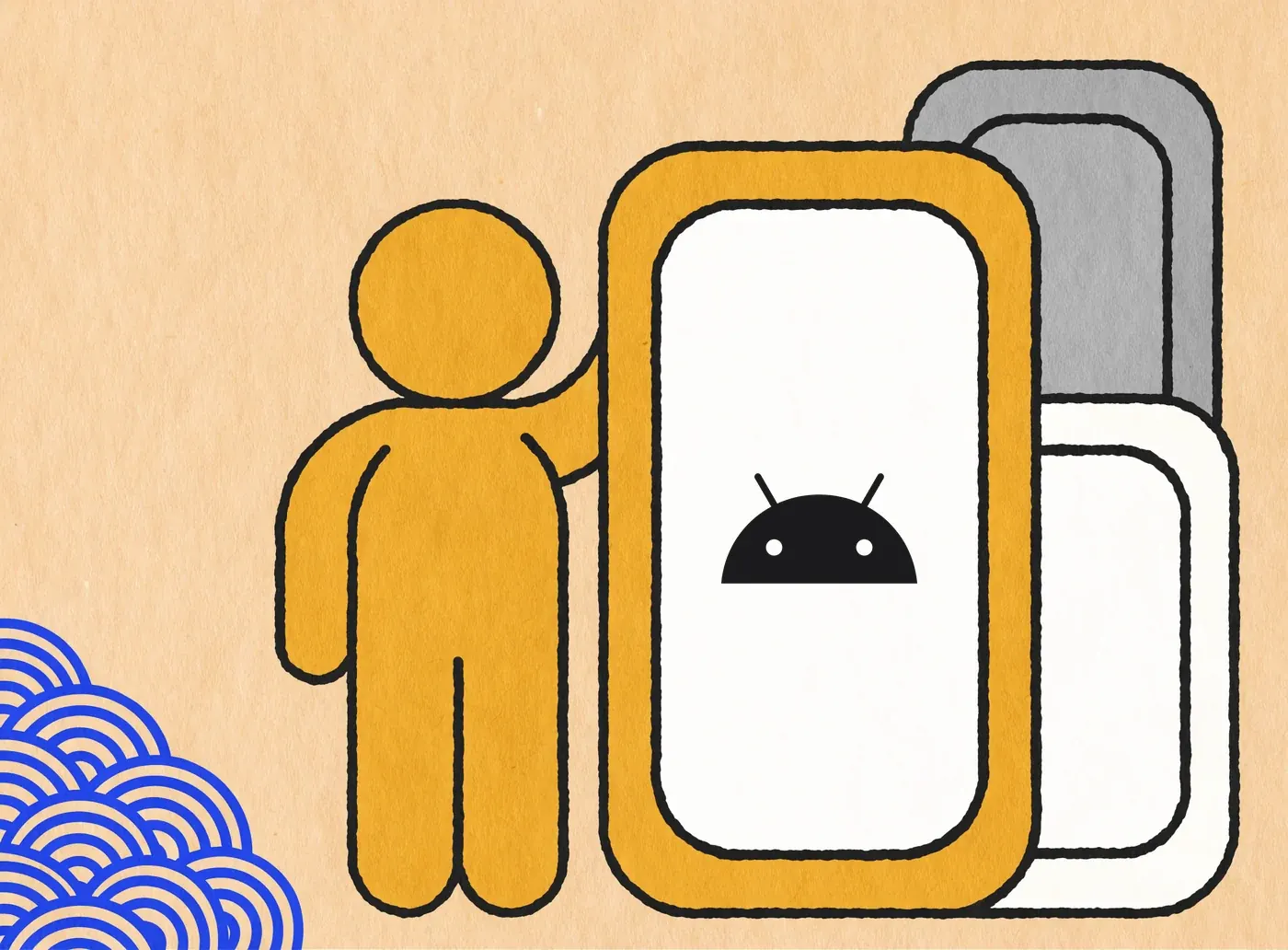 A developer standing beside a row of Android phones, a record of apps already published rather than a list of technologies on a CV