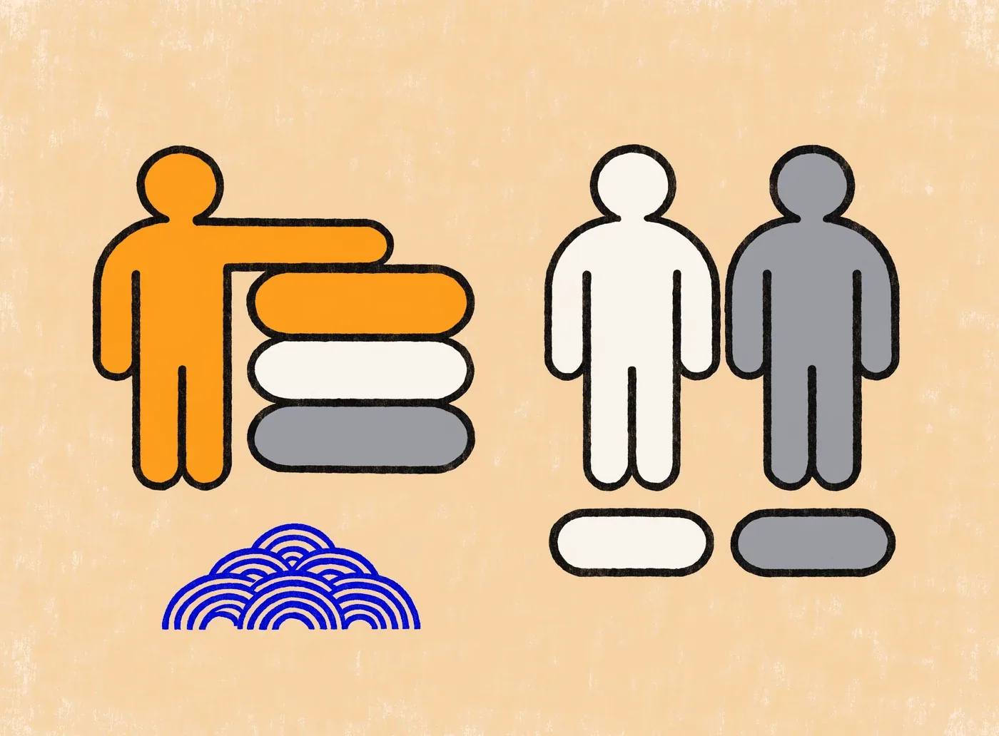 One developer reaching across three stacked layers beside two specialists holding one layer each, the same work covered by one person instead of split between two