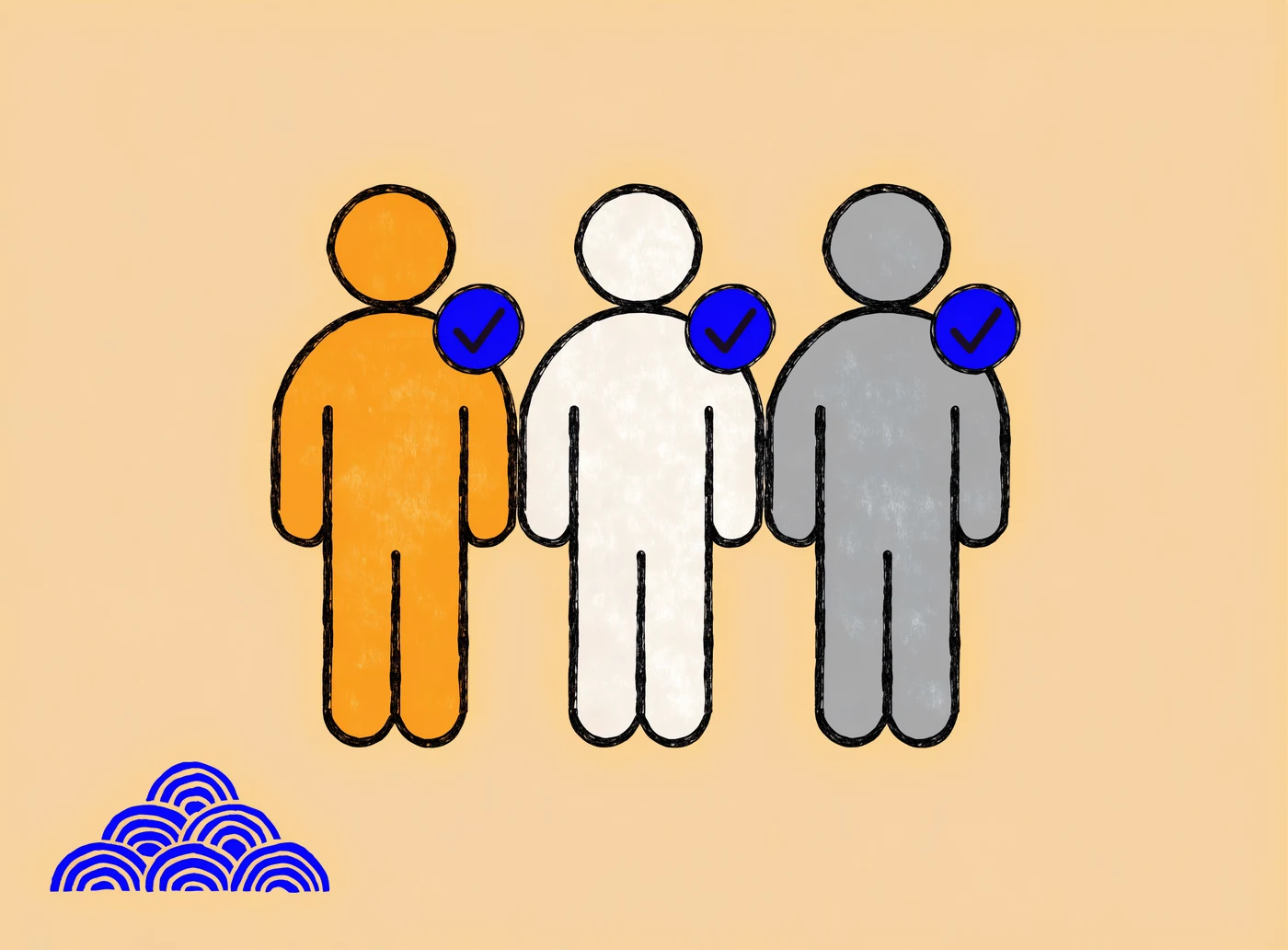 Three developers standing together, each carrying a check badge, a network where every developer has already been verified through work we were part of